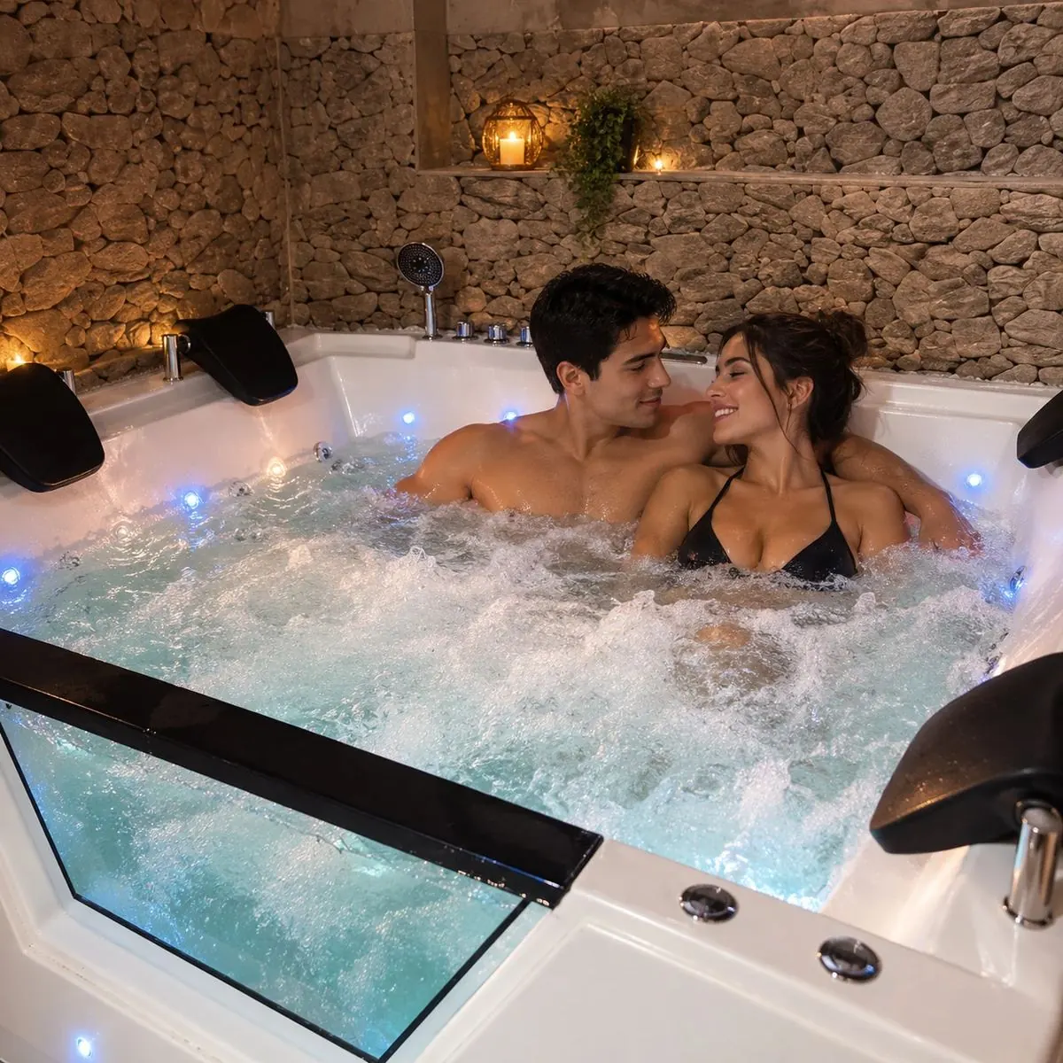 Pareja relajándose en el hidromasaje con burbujas